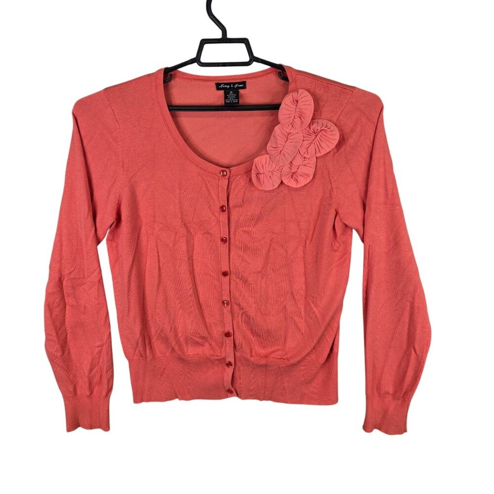 Womens Audrey & Grace Coral Cardigan Floral Detail Button Up Silk Blend Size XL